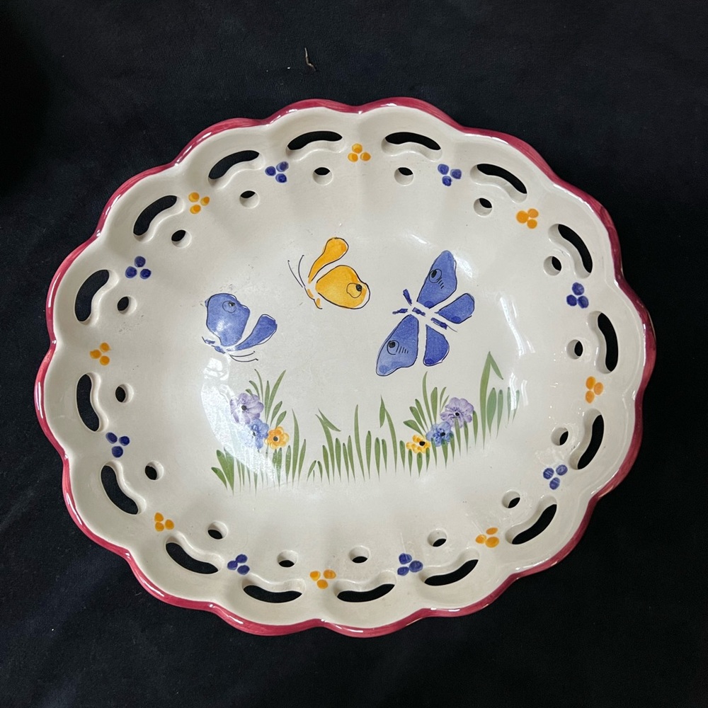 Vintage RCCL Reticulated Handpainted Pierced Butterfly Pottery Bowl - Portugal